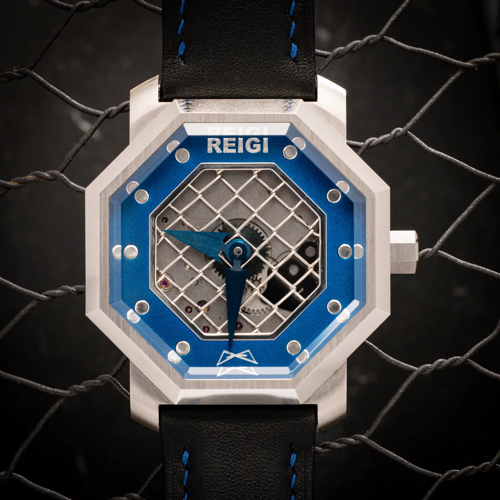 The Octagon — Blue Cornerstone outdoors, against the mesh that inspired its dial