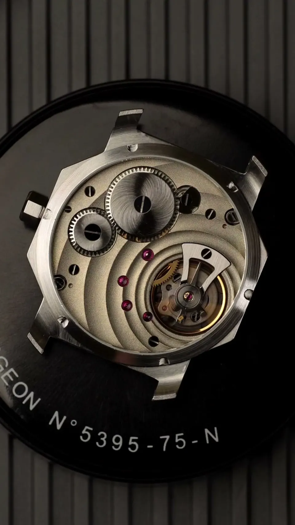 The movement through the case back — the Rippling finish