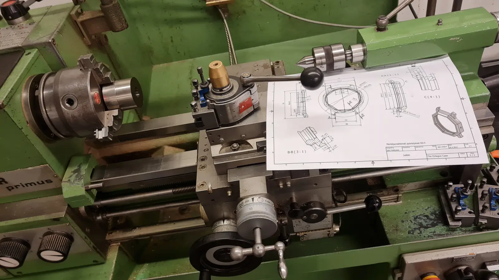 Technical drawings of the Octagon case resting on the lathe in the Reigi atelier